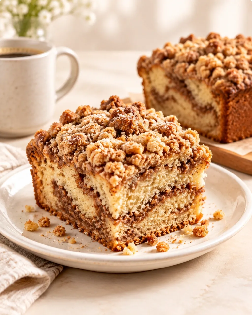 Fresh coffee cake topped with cinnamon streusel