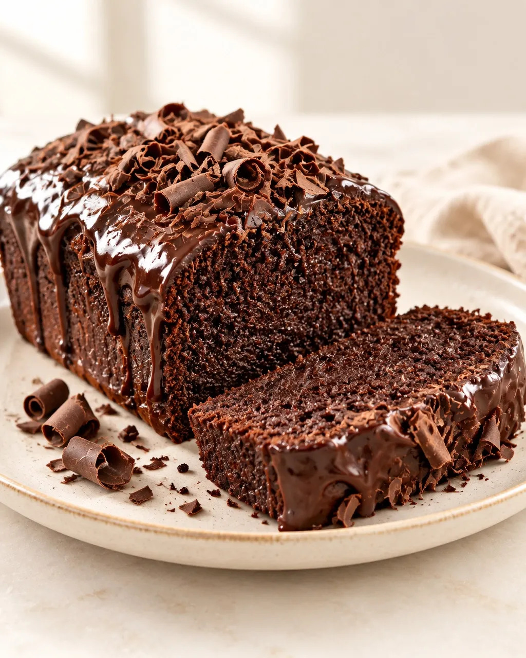 Rich chocolate loaf cake topped with silky ganache