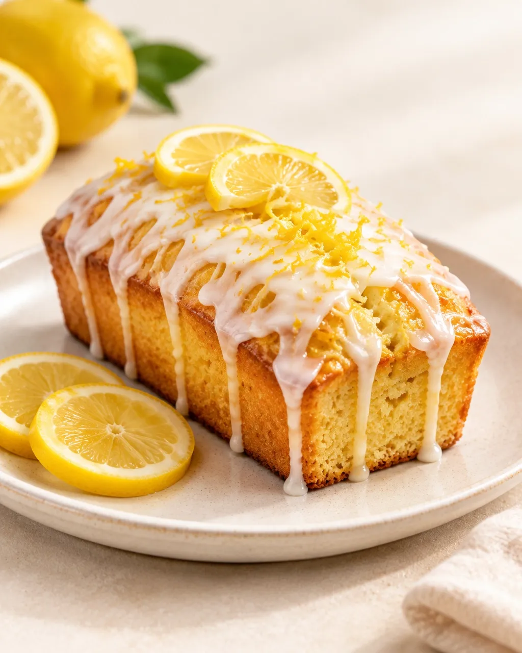 Fresh lemon loaf cake topped with citrus glaze
